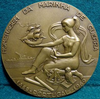 Woman,  Ships,  Owl,  Sextant /commander Abel Fontoura - War Navy 80mm Bronze Medal photo