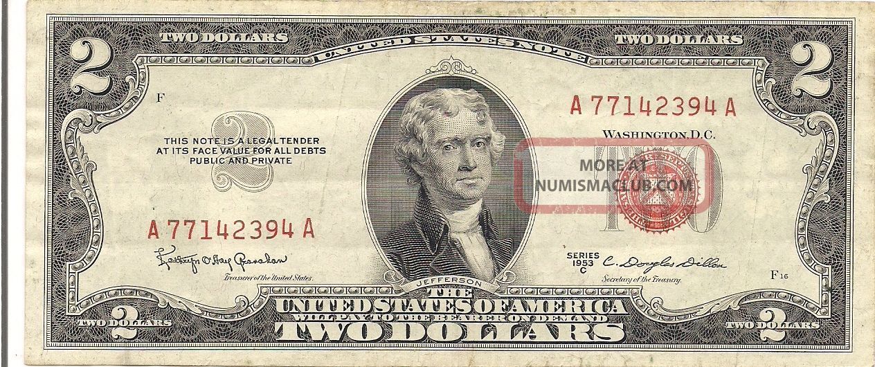 1953 C - 2 Dollar Red Seal Note - United States Note - Circulated Small Size Notes photo
