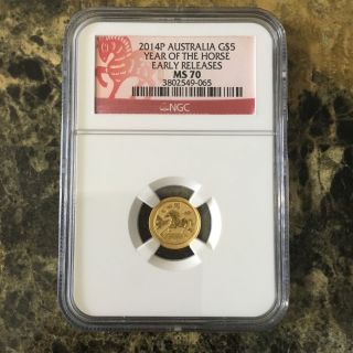 1/20 Australia 2014 P G$5 Gold Year Of Horse Early Releases Ngc Ms - 70 (0.  05 Oz) photo