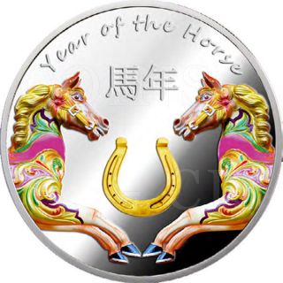 Niue 2014 1$ Chinese Calendar Lunar Horse Gilded Colored Proof Silver Coin photo