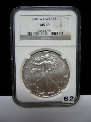2007 - W 1 Oz Silver Eagle Ms - 69 Ngc Gold Label photo