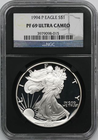 1994 - P Silver Eagle Pf 69 Ultra Cameo $1 Ngc Black Retro Slab photo