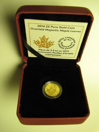 2014 Proof $5 Overlaid Majestic Maple Leaves 1/10oz.  9999 Gold Canada Five Dolla photo