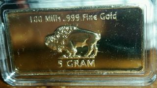5 Gram Gold Buffalo Bullion Bar 100 Mills Clad.  999 Fine 24k Bullion. photo