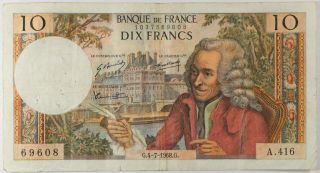 1968 France 10 Francs Banque De France Dix Francs Bank Note photo