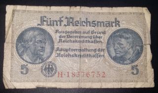Nazi Germany Third Reich 5 Reichsmark Banknote,  Vg,  H18376752,  Wwii,  Ww2 photo