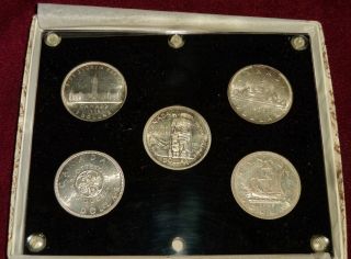 5 Gem Bu Canadian Commemorative Silver Dollars,  1935 - 1964,  3 Monarchs,  Encased photo