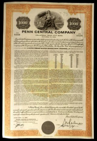 Stock Certificate Penn Central Company Pennsylvania Collateral Trust 6 1/2 Bond photo