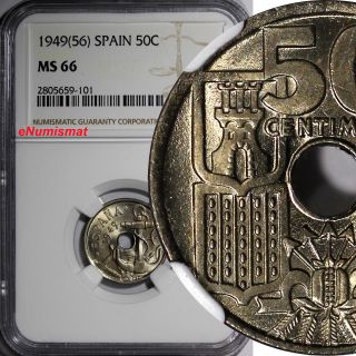 Spain Copper - Nickel 1949 (56) 50 Centimos Ngc Ms66 Top Graded By Ngc Km 777 photo