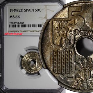 Spain 1949 (53) 50 Centimos Ngc Ms66 Better Date Top Graded By Ngc Km 777 photo