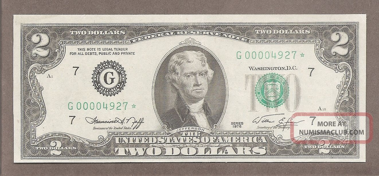 1976 G Chicago - $2 Au Fancy Low Starting S 0000.  4927 Star Note Paper Money: US photo