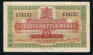 Straits Settlements 10 Cents 1919 Pick 8b Fine,  /avf photo