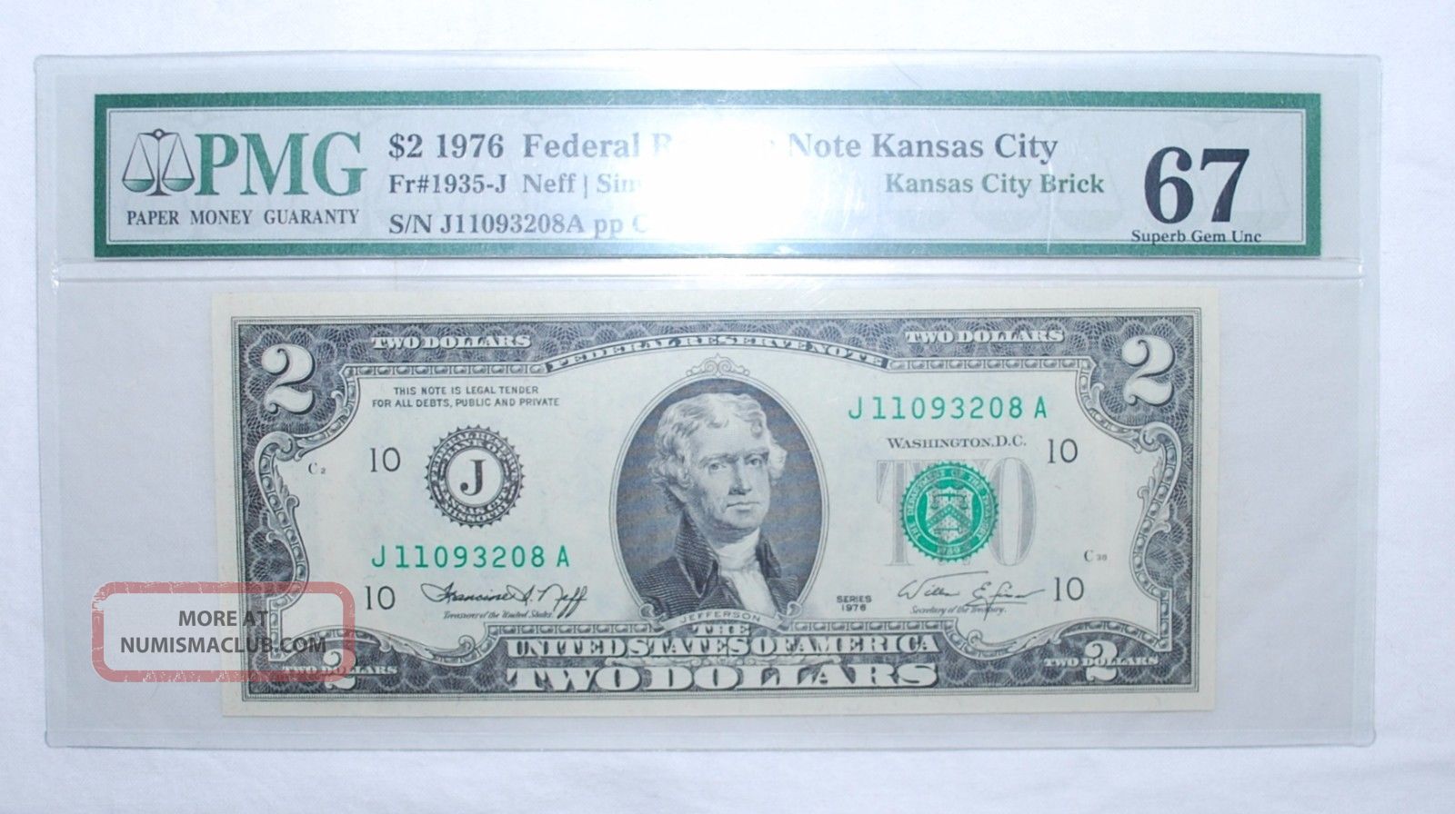 1976 $2.  00 Federal Reserve Note - Kansas City Brick - Pmg - Gem Unc 67 208a Small Size Notes photo
