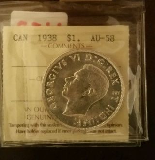 1938 Canada Silver Dollar Iccs Certified Au - 58 Cert: Xlh 035 Trends $135 photo