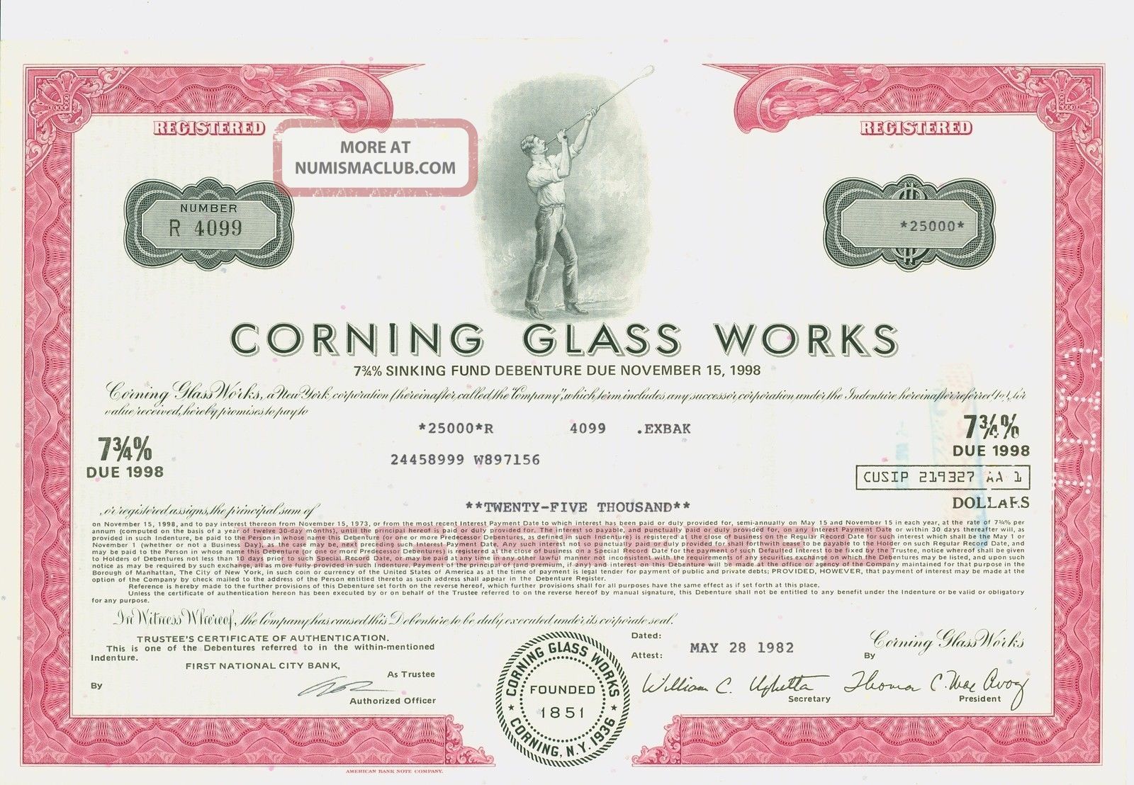 1973 Registered 25 000 Bond Certificate Corning Glass