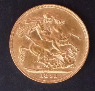 1891 Great Britain One Sovereign Gold (. 916) Coin Queen Victoria photo