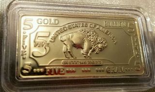 5 Gram Gold Buffalo Bar 100 Mills Clad.  999 24k Fine Bullion Bar. photo
