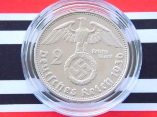 Rar German Coin 2 Mark Reichsmark 1936 D Silver Swastika Hindenburg 3rd Nazi Ww2 photo