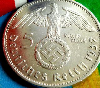 1937 - E Nazi Big Swastika German 5 Mark.  900 Silver Coin - Ww2 Germany 5 Reichsmark photo