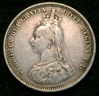 1887 Silver Great Britain Shilling Queen Victoria Coin Very Fine photo