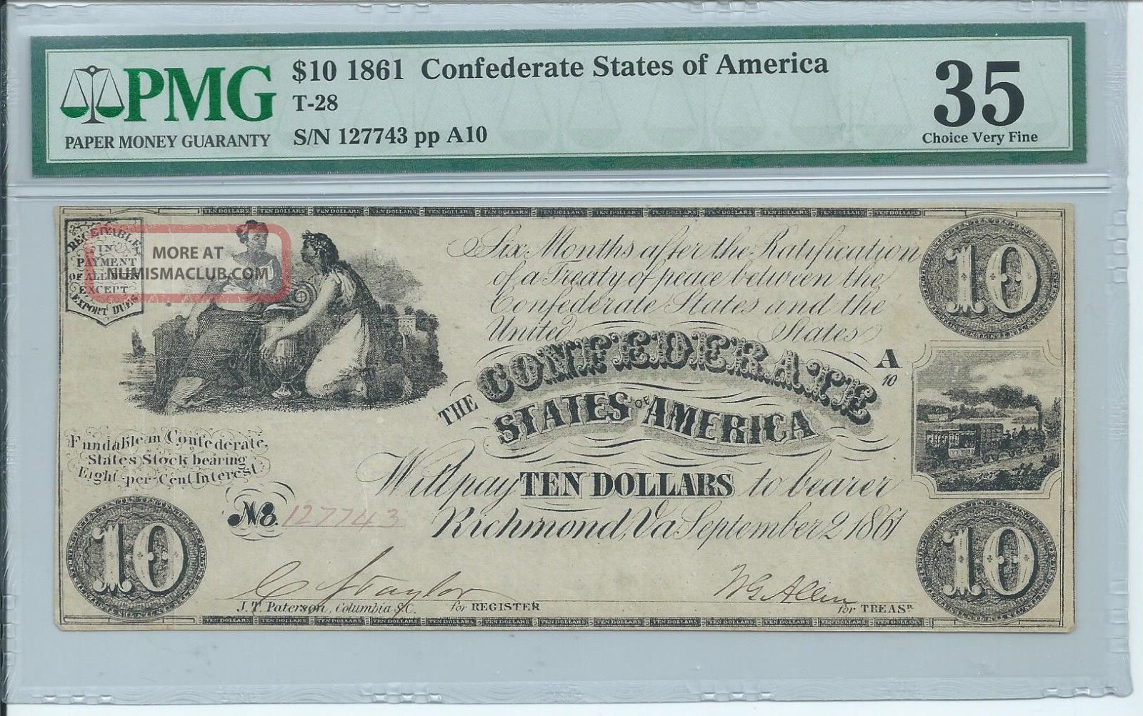 $10 1861 Confederate States Csa Currency T - 28 Pmg 35 Choice Vf Women Urn Train Paper Money: US photo