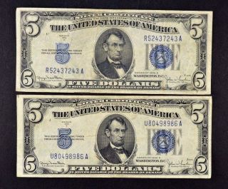 2 - 1934 D $5 Five Dollar Silver Certificate Blue Seal United States Bills C6148 photo
