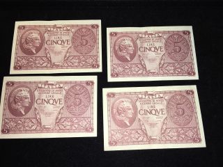 Italia Biglietto Di Stato A Coral Legale Lire Cinqve $5 Banknote 1944 (x4) photo