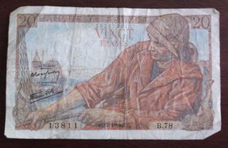 French 20 Vingt Francs Fisherman & Woman Partisan Propaganda Note,  Paper Money photo