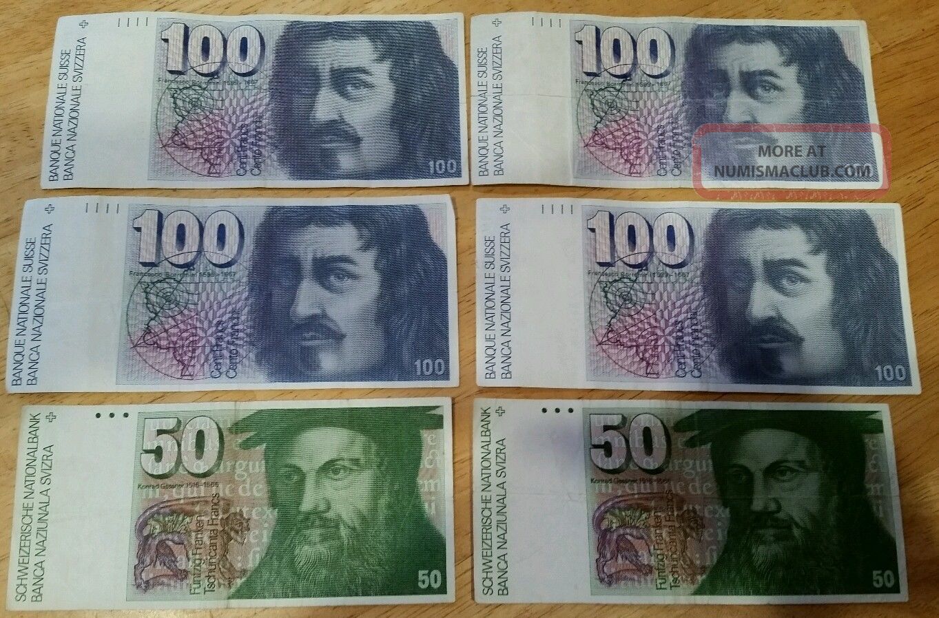 Switzerland Swiss Francs 100 (4) And 50 (2) Vintage Paper Money Europe photo