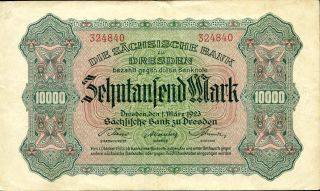 Sächsische Bank Zu Dresden 10,  000 10000 Mark 1.  3.  1923 Vf photo