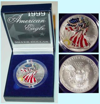 1999 American Eagle Silver Dollar Colorized Walking Liberty Coin/case & photo