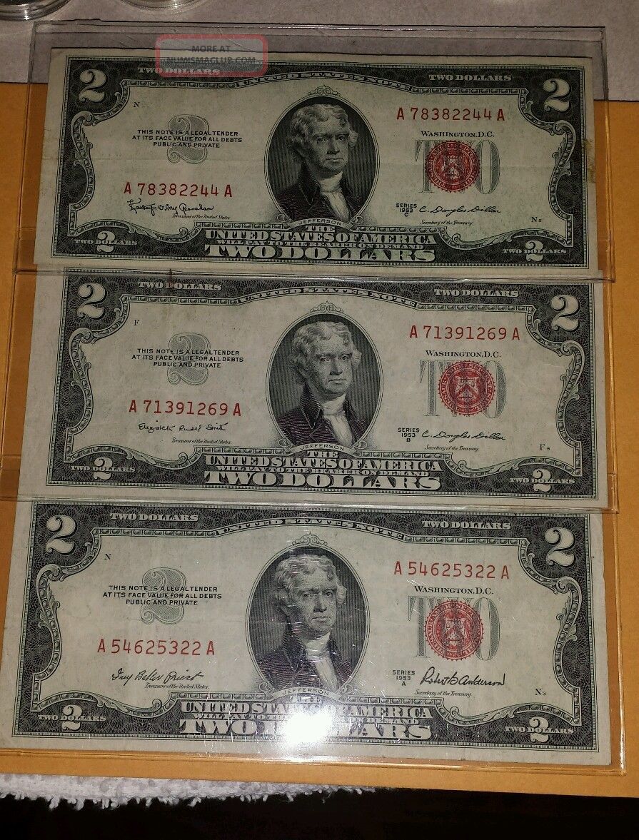 1953a 1953b & 1953c One Each Of Series $2 Red Seal Note Us Note Two Dollar Bill Small Size Notes photo