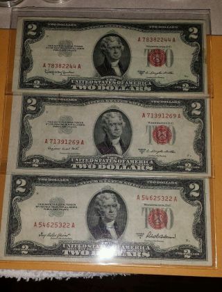 1953a 1953b & 1953c One Each Of Series $2 Red Seal Note Us Note Two Dollar Bill photo