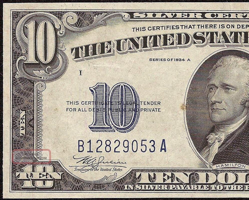 Au 1934 A $10 Dollar Bill Silver Certificate Wwii Ww2 Currency Yellow Seal ...