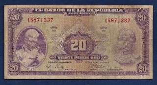 Colombia 20 Pesos Oro 1963 P - 392e Francisco Jose De Caldas & Simon Bolivar photo