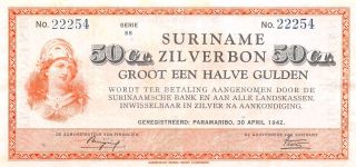 Suriname 1/2 Gulden / 50 Ct.  30.  4.  1942 P 104c Circulated Banknote photo