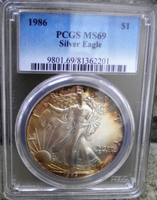 1986 Silver Eagle Graded Ms69 By Pcgs - First Year Of Issue & Attractively Toned photo