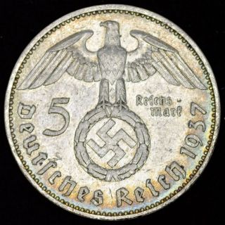 Ww2 German 5 Mark Silver Coin 1937 J Third Reich Big Swastika Hindenburg Nazi404 photo