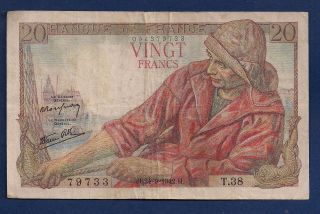 Ww2 France 20 Francs 1942 P - 100a Breton Fisherman Vintage French Note photo