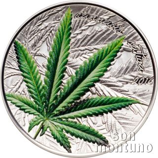 2016 Benin Cannabis Sativa 1 Oz Marijuana High Relief Silver Proof Coin Box, photo