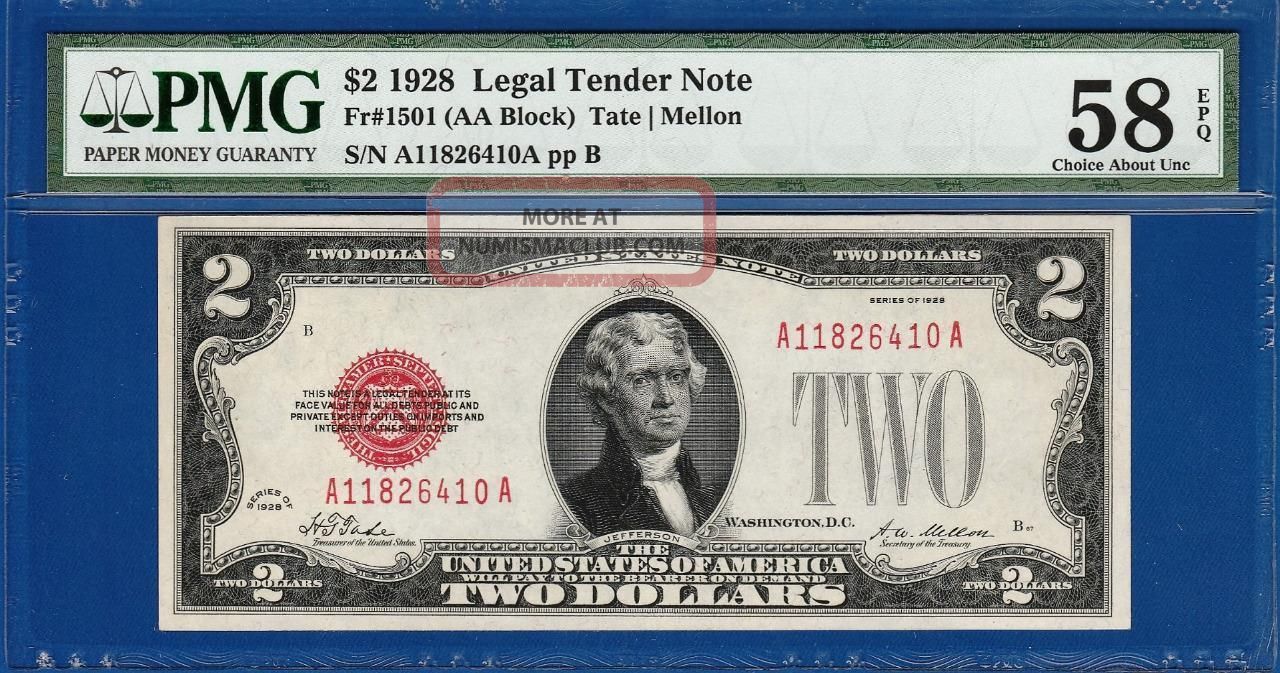 1928 Plain $2 Legal Tender Note Red Seal - Pmg Almost Uncirculated Au 58epq C2c Small Size Notes photo