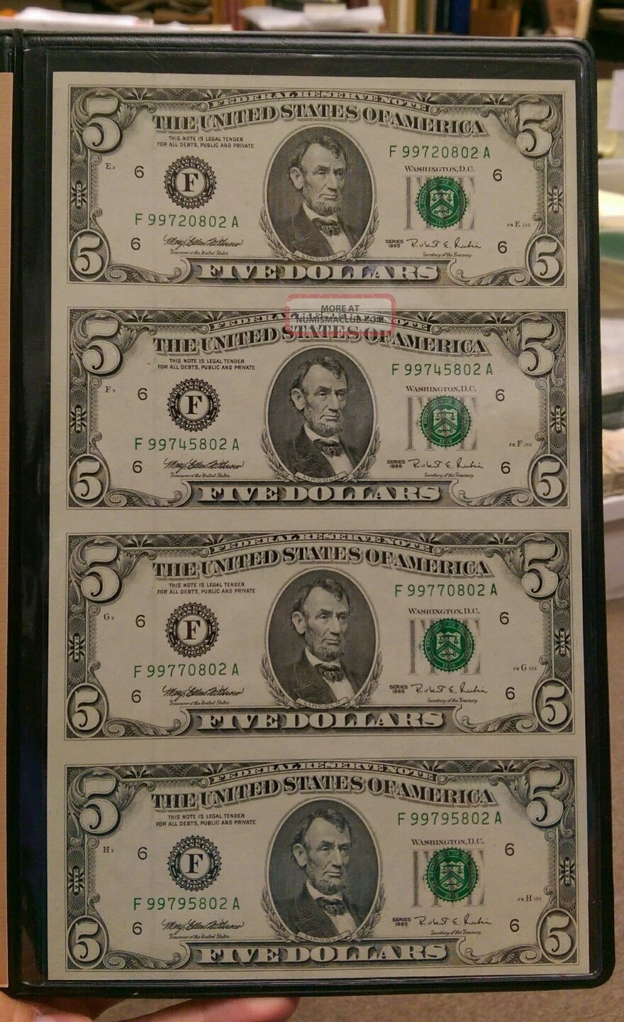 Uncut Sheet Of 4 1995 $5 F Atlanta World Reserve Monetary Exchange Small Size Notes photo