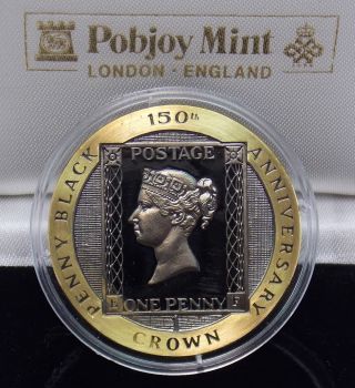 1990 Isle Of Man 1 Crown Proof.  999 Gold Penny Black 150th Ann.  Pobjoy photo