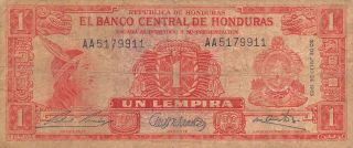 Honduras 1 Lempira 30.  7.  1965 Series Aa Circulated Banknote 5d photo