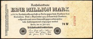 1 Million Mark 1923.  07.  25.  Reichsbanknote - Series: 74w 125258 - 