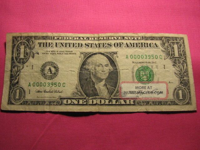 2006 $1 One Dollar Bill Low Serial Number - Boston - Massachusetts A 00003950 C Small Size Notes photo