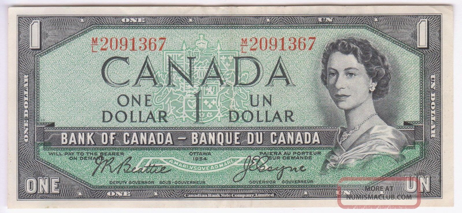 1954 Bank Of Canada $1 One Dollar Bill