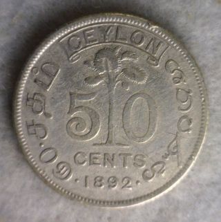 Ceylon 50 Cents 1892 Silver British Coin (stock 0020) photo