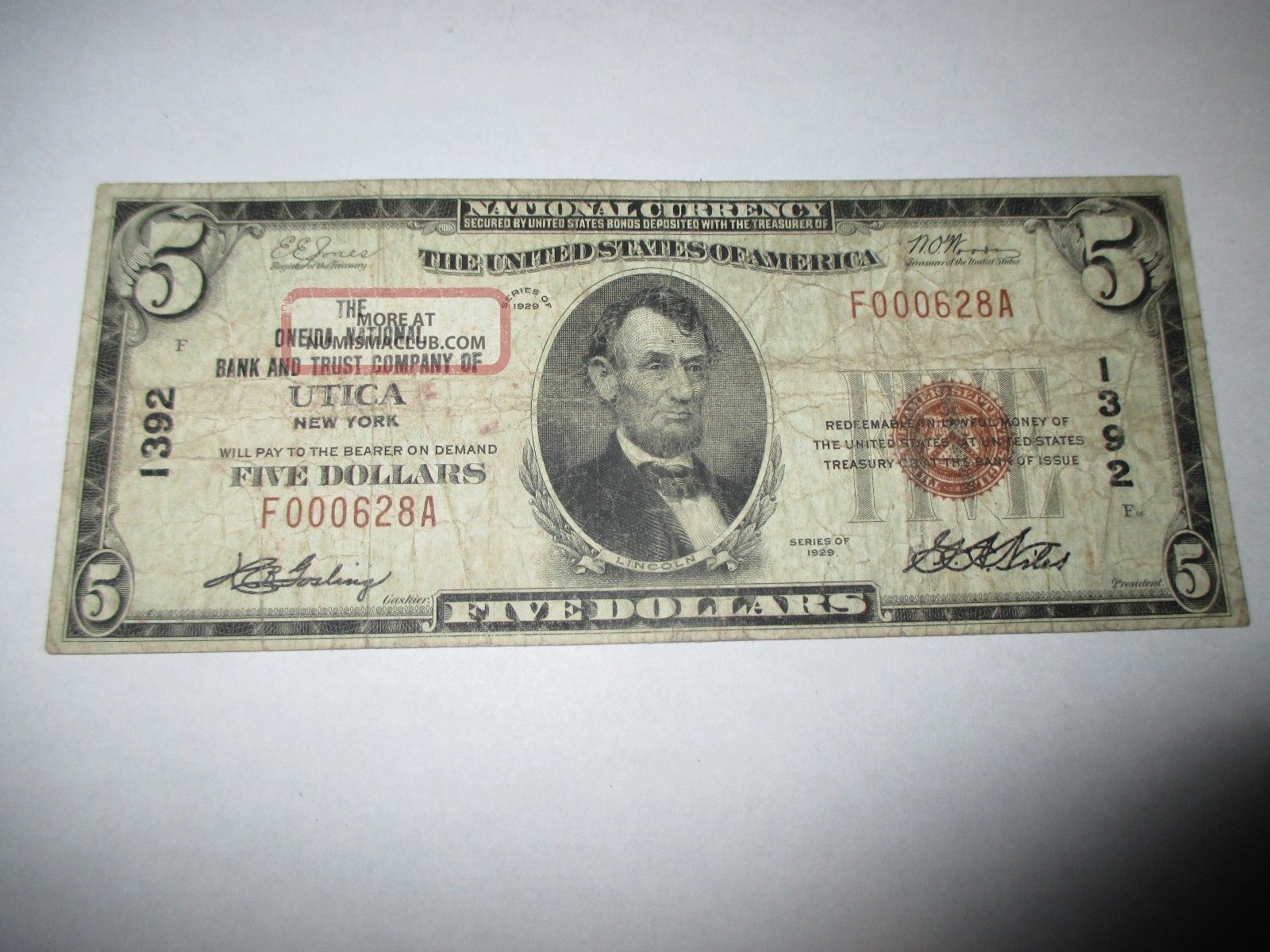 $5 1929 Utica York Ny National Currency Bank Note Bill Ch.  1392 Rare Paper Money: US photo