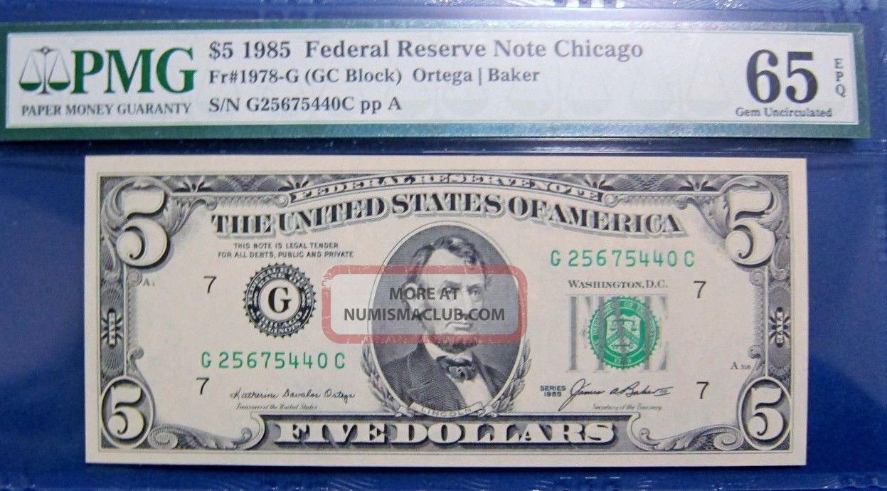 $5 1985 Frn Fr 1978 - G Chicago Pmg65 Gem Uncirculated Small Size Notes photo